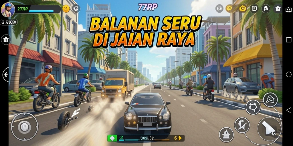 Screenshot gameplay <strong>77RP</strong> yang menunjukkan balapan seru dan mobil kece.