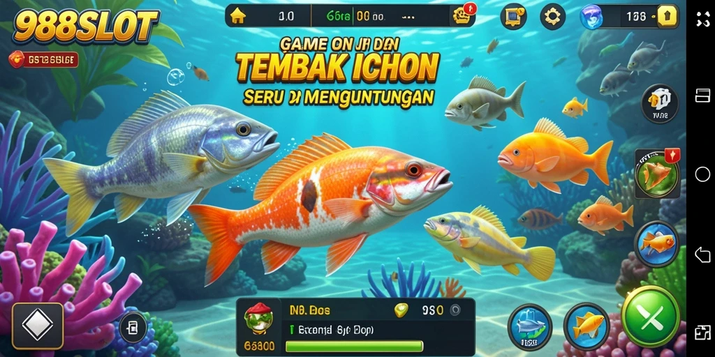 Gameplay seru dalam 988SLOT menembak ikan berwarna-warni.