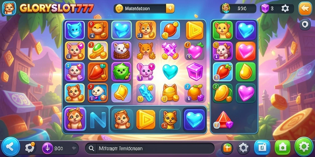 Tampilan screenshot GLORYSLOT777 menampilkan gameplay Match-3 yang seru dan penuh warna.