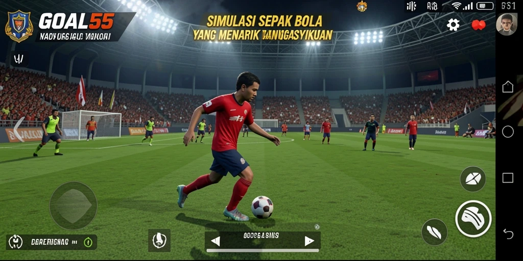 Tampilan gameplay menarik dari GOAL55 dalam simulasi sepak bola.