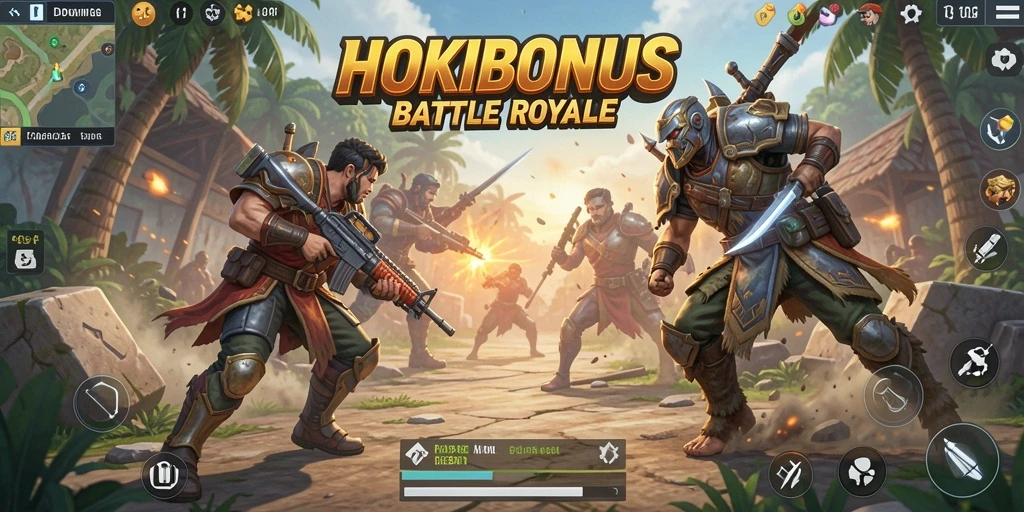 Tampilan mendebarkan gameplay HOKIBONUS dalam pertempuran Battle Royale.