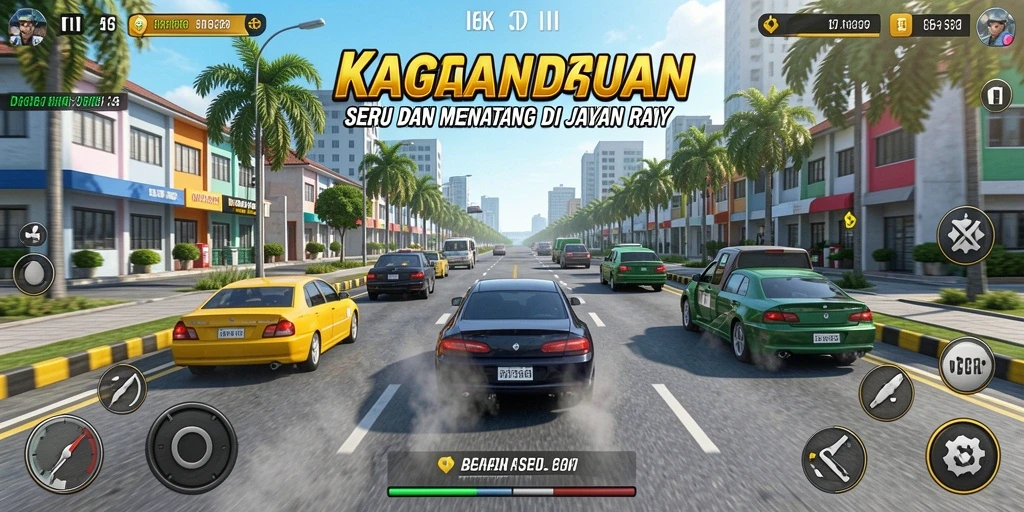 Tampilan utama gameplay KAGANDAN menampilkan balapan yang mendebarkan.